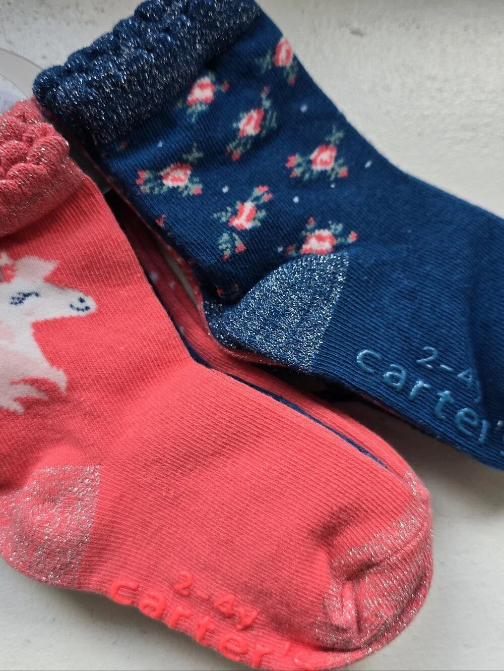 Carter's Coral Unicorn & Navy Floral Glitter-Trim Socks - 6 Pack